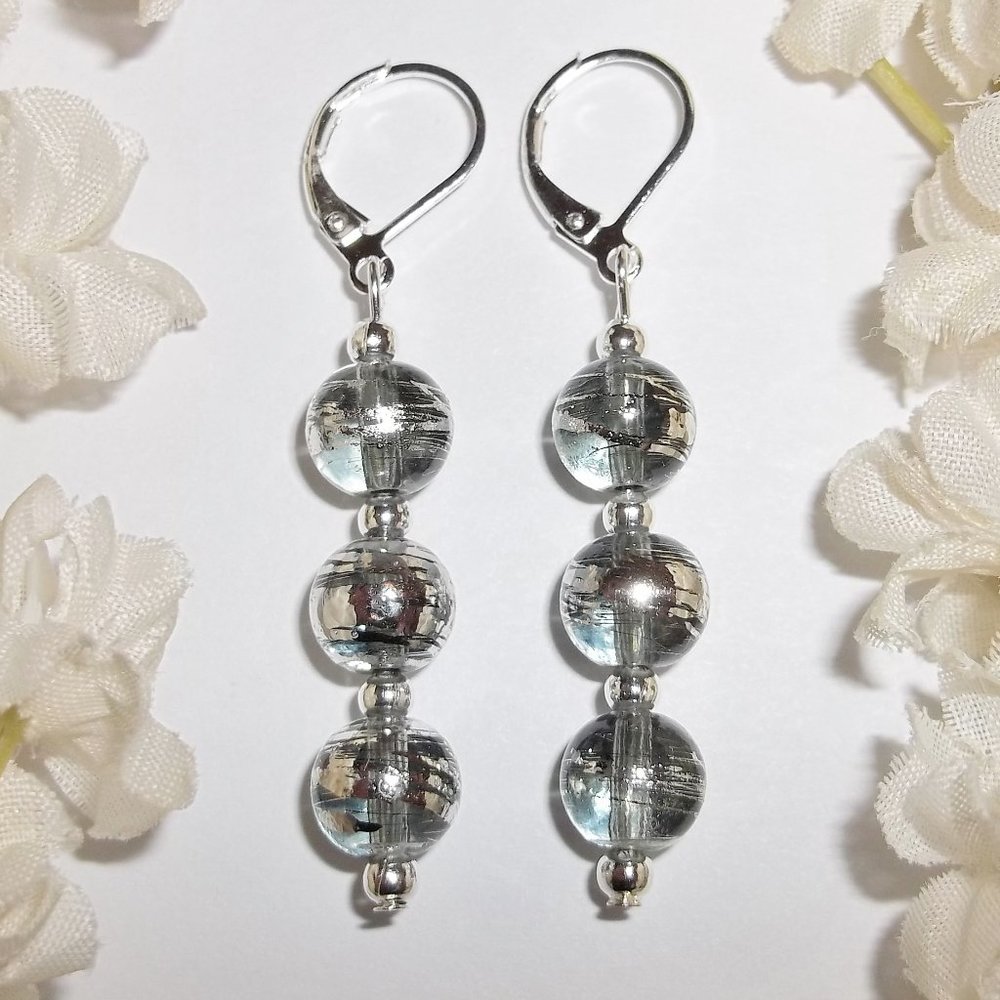 Gray and Silver Earring Set Jewelry Handmade Metallic Beaded Dangle Drop 5145